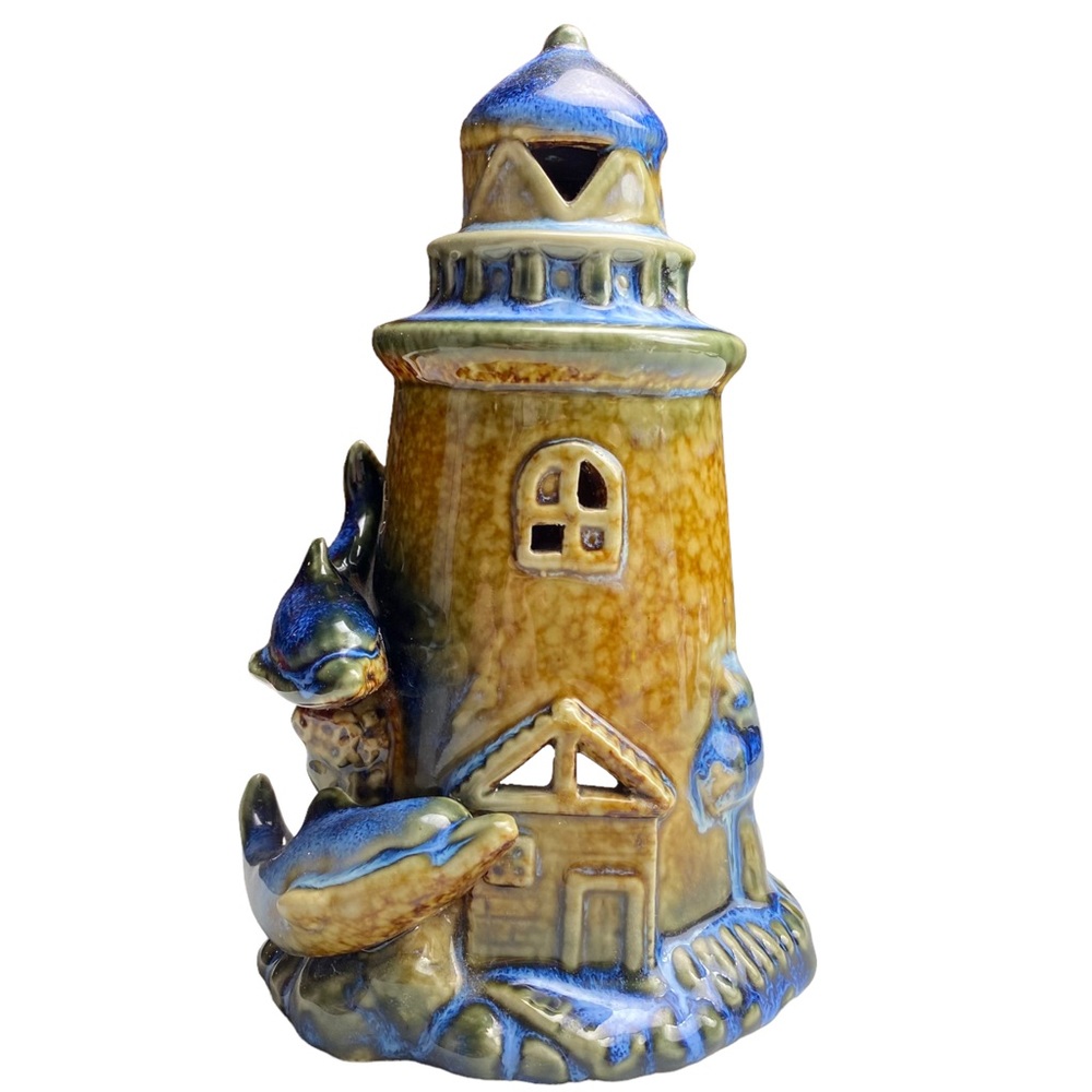 Glazed Ceramic Lighthouse Tealight Candle Holder With Dolphins Beach Decor